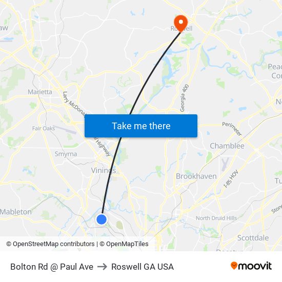 Bolton Rd @ Paul Ave to Roswell GA USA map