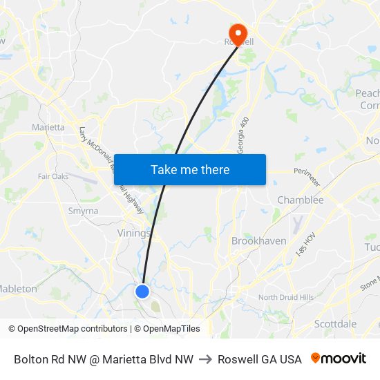 Bolton Rd NW @ Marietta Blvd NW to Roswell GA USA map