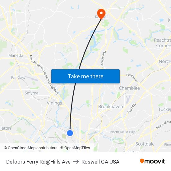 Defoors Ferry Rd@Hills Ave to Roswell GA USA map
