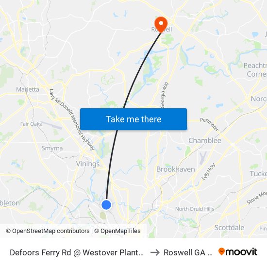 Defoors Ferry Rd @ Westover Plantation Rd to Roswell GA USA map