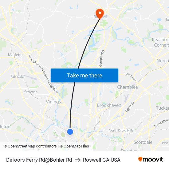 Defoors Ferry Rd@Bohler Rd to Roswell GA USA map