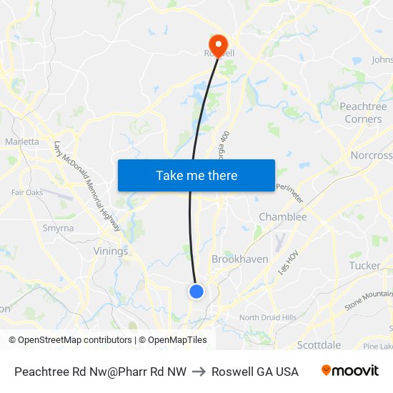 Peachtree Rd Nw@Pharr Rd NW to Roswell GA USA map