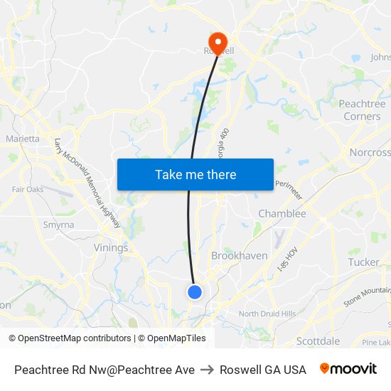 Peachtree Rd Nw@Peachtree Ave to Roswell GA USA map