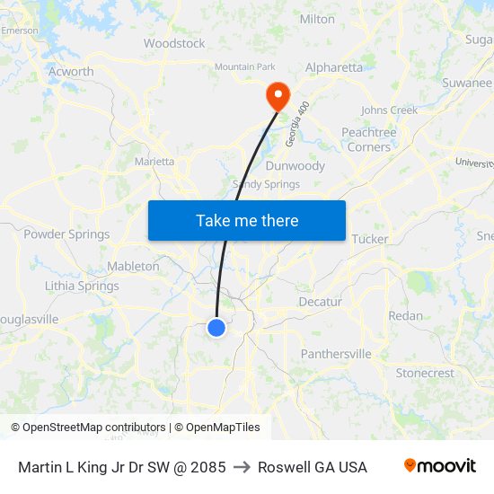 Martin L King Jr Dr SW @ 2085 to Roswell GA USA map