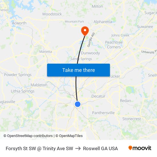 Forsyth St SW @ Trinity Ave SW to Roswell GA USA map