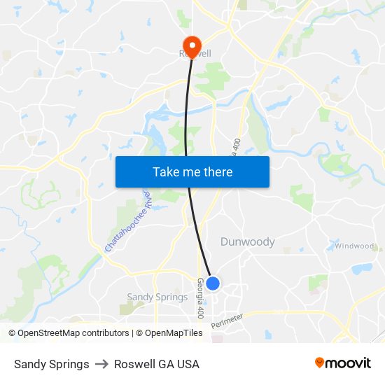 Sandy Springs to Roswell GA USA map