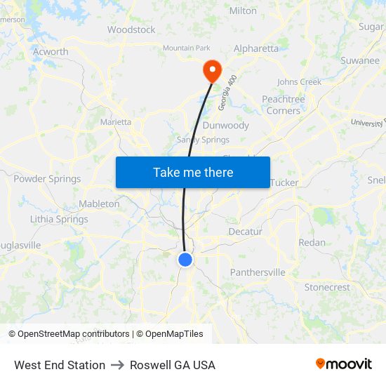 West End Station to Roswell GA USA map