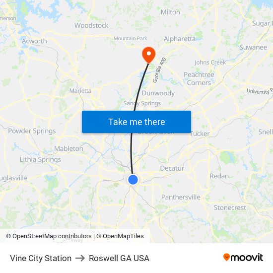 Vine City Station to Roswell GA USA map