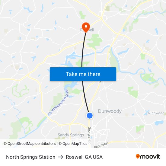 North Springs Station to Roswell GA USA map