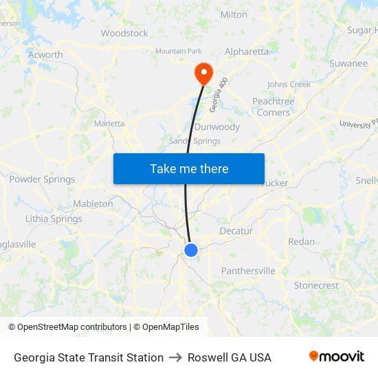 Georgia State Transit Station to Roswell GA USA map