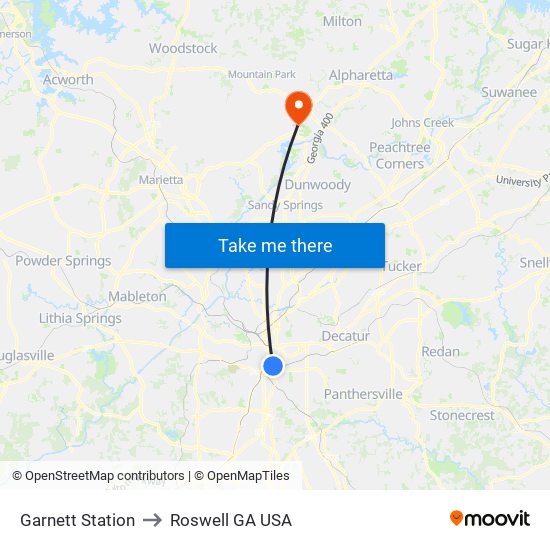 Garnett Station to Roswell GA USA map