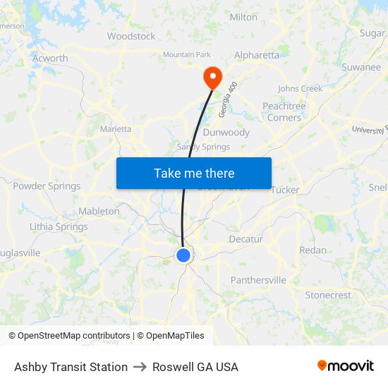 Ashby Transit Station to Roswell GA USA map