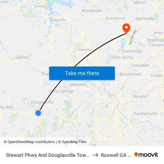 Stewart Pkwy And Douglasville Town Center to Roswell GA USA map