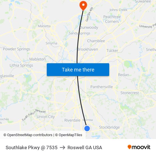 Southlake Pkwy @ 7535 to Roswell GA USA map