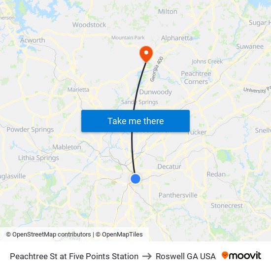 Peachtree St at Five Points Station to Roswell GA USA map