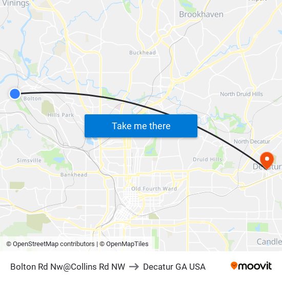 Bolton Rd Nw@Collins Rd NW to Decatur GA USA map