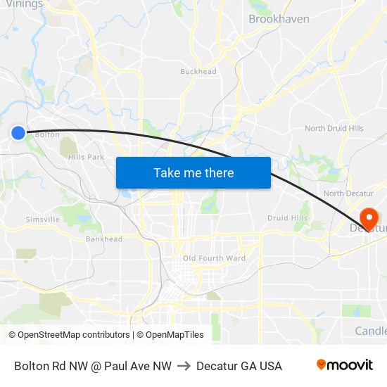 Bolton Rd NW @ Paul Ave NW to Decatur GA USA map