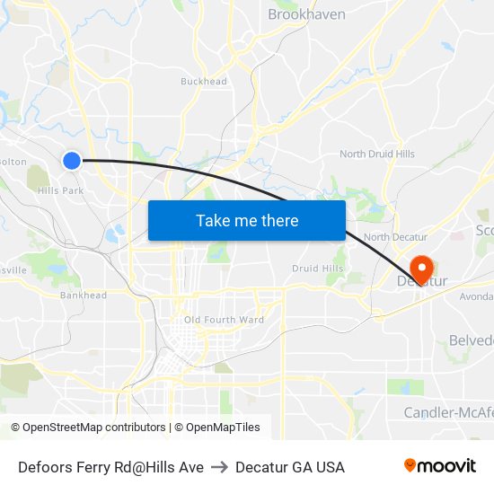 Defoors Ferry Rd@Hills Ave to Decatur GA USA map