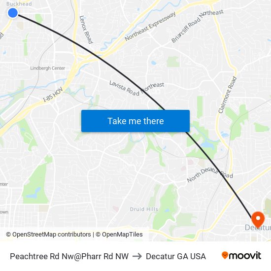 Peachtree Rd Nw@Pharr Rd NW to Decatur GA USA map