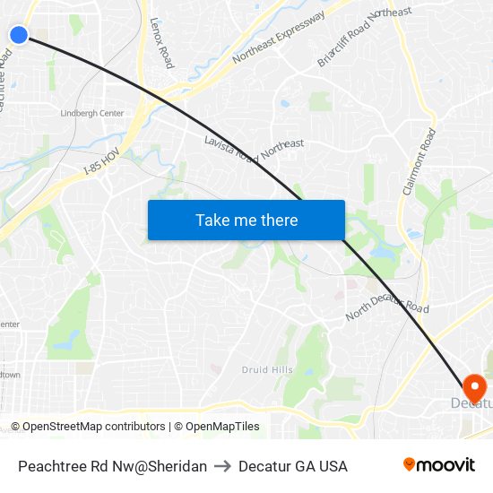 Peachtree Rd Nw@Sheridan to Decatur GA USA map