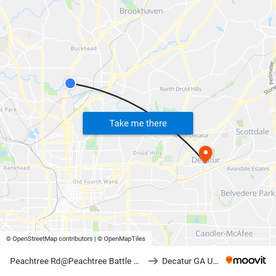 Peachtree Rd@Peachtree Battle Ave to Decatur GA USA map