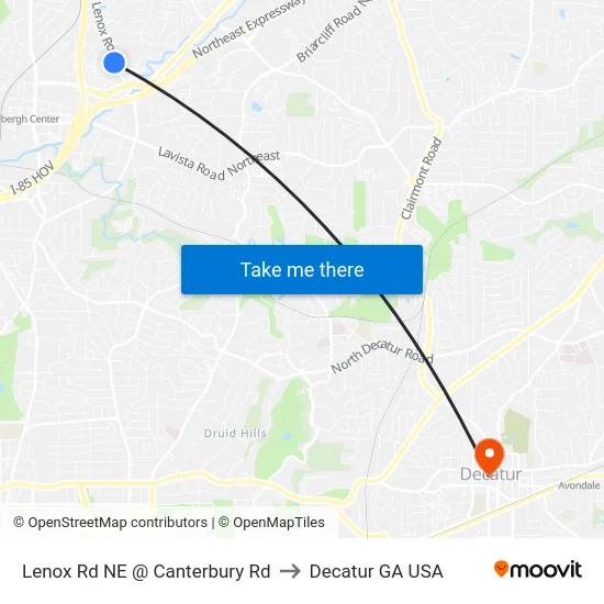 Lenox Rd NE @ Canterbury Rd to Decatur GA USA map