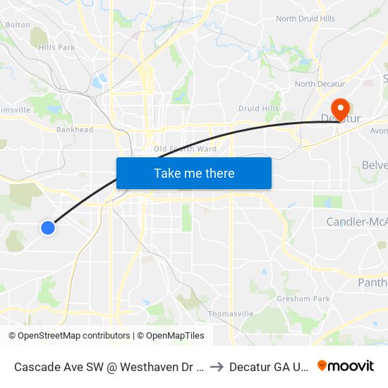 Cascade Ave SW @ Westhaven Dr SW to Decatur GA USA map