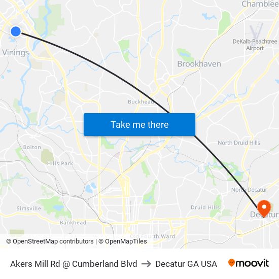 Akers Mill Rd @ Cumberland Blvd to Decatur GA USA map