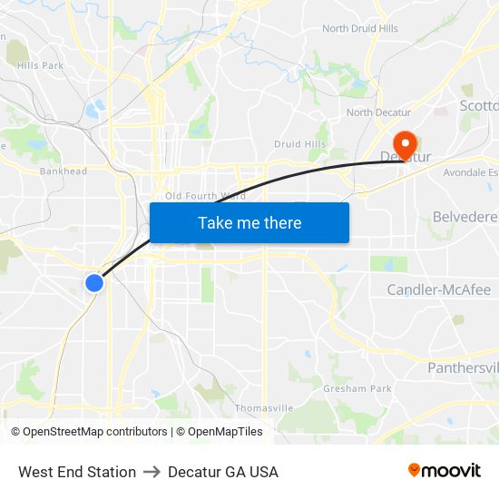 West End Station to Decatur GA USA map