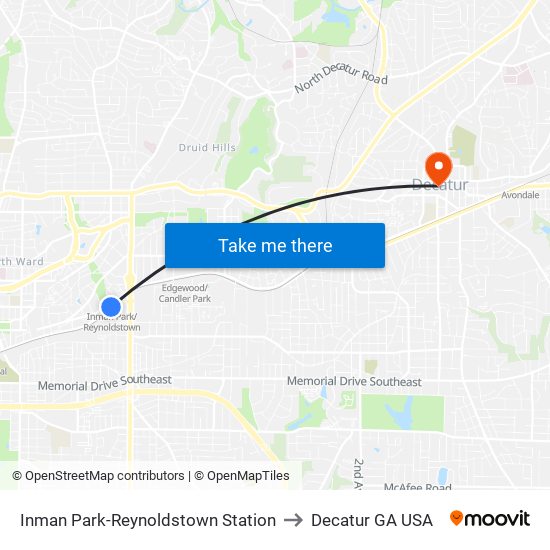 Inman Park-Reynoldstown Station to Decatur GA USA map