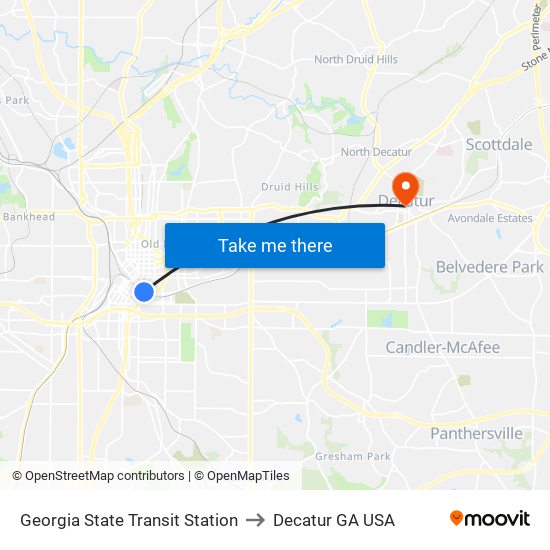 Georgia State Transit Station to Decatur GA USA map