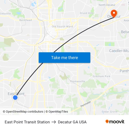 East Point Transit Station to Decatur GA USA map