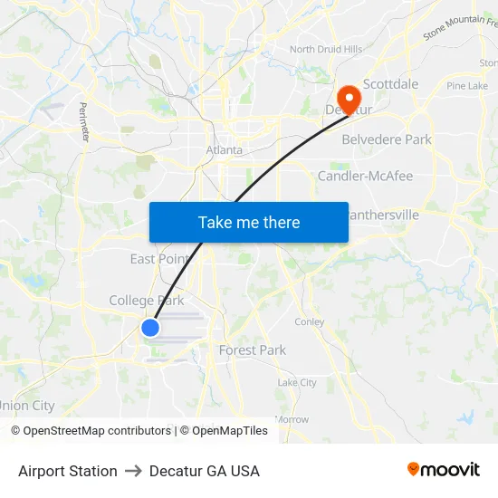 Airport Station to Decatur GA USA map