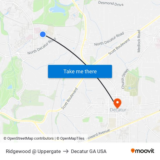 Ridgewood @ Uppergate to Decatur GA USA map