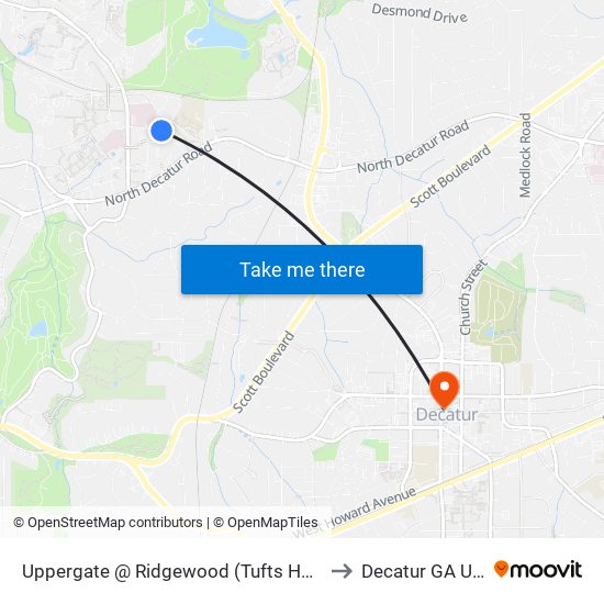 Uppergate @ Ridgewood (Tufts House) to Decatur GA USA map