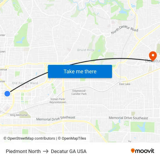 Piedmont North to Decatur GA USA map