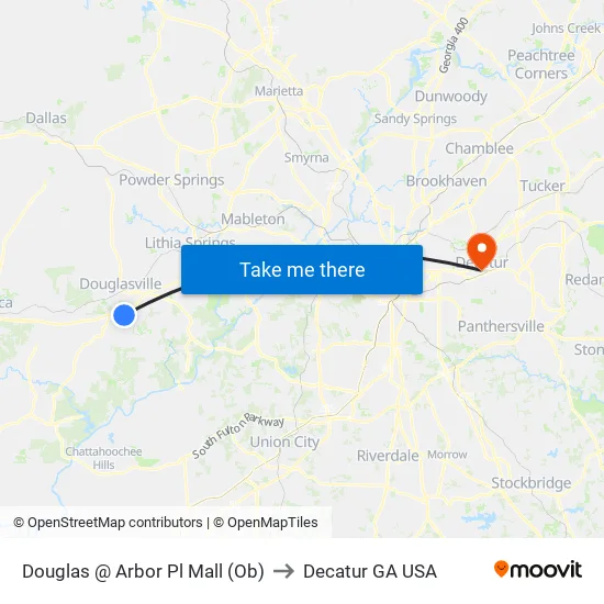Douglas @ Arbor Pl Mall (Ob) to Decatur GA USA map