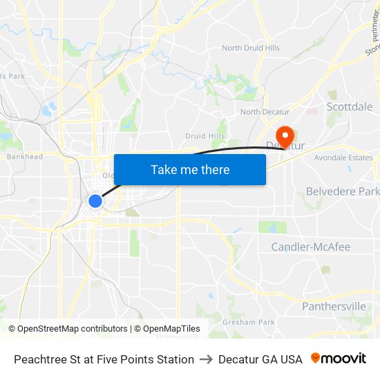 Peachtree St at Five Points Station to Decatur GA USA map