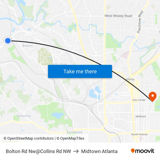 Bolton Rd Nw@Collins Rd NW to Midtown Atlanta map