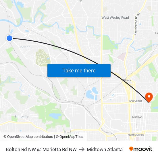 Bolton Rd NW @ Marietta Rd NW to Midtown Atlanta map