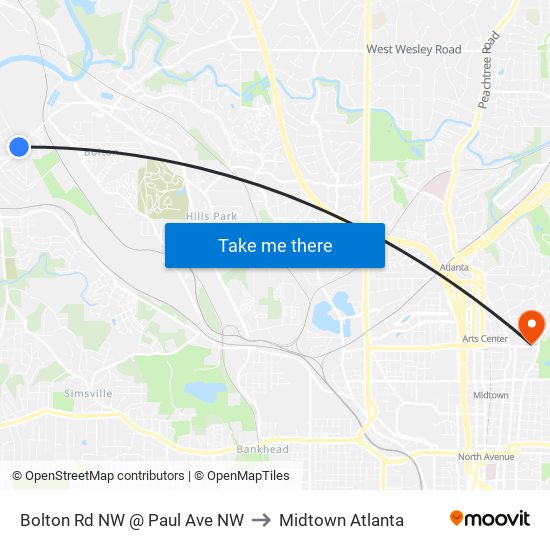 Bolton Rd NW @ Paul Ave NW to Midtown Atlanta map