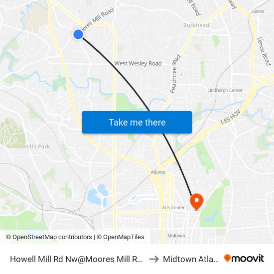 Howell Mill Rd Nw@Moores Mill Rd NW to Midtown Atlanta map