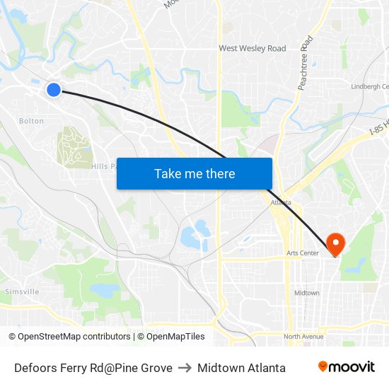Defoors Ferry Rd@Pine Grove to Midtown Atlanta map