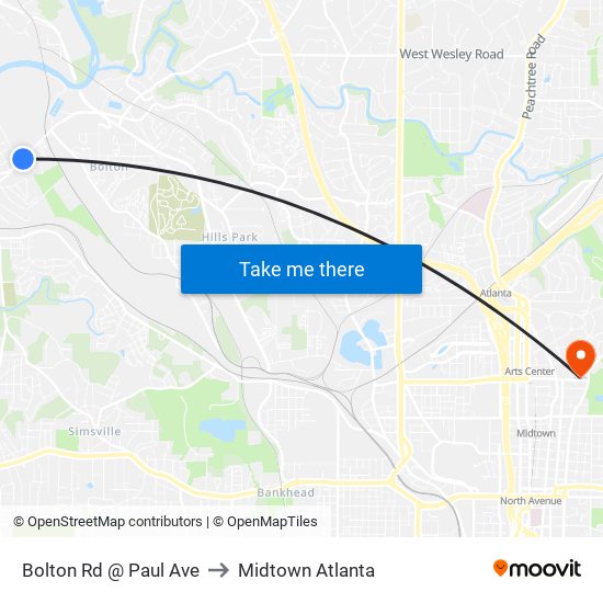 Bolton Rd @ Paul Ave to Midtown Atlanta map