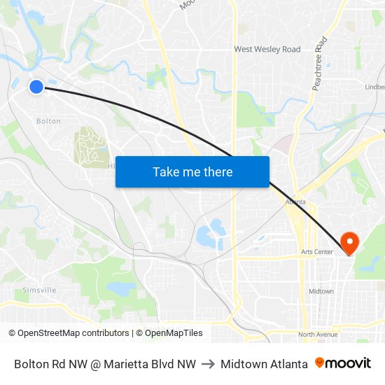 Bolton Rd NW @ Marietta Blvd NW to Midtown Atlanta map