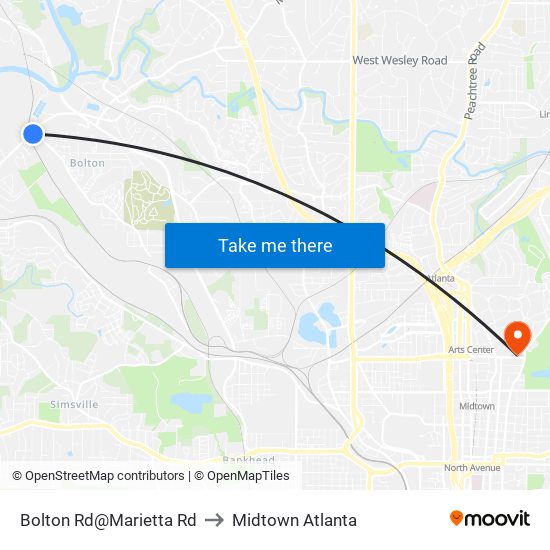 Bolton Rd@Marietta Rd to Midtown Atlanta map