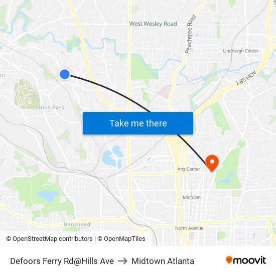 Defoors Ferry Rd@Hills Ave to Midtown Atlanta map