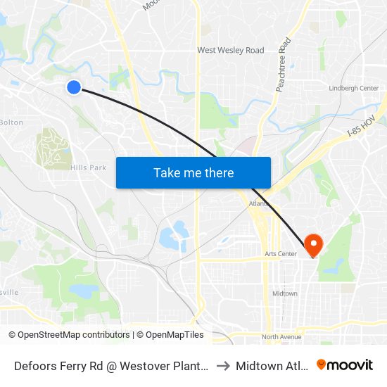Defoors Ferry Rd @ Westover Plantation Rd to Midtown Atlanta map