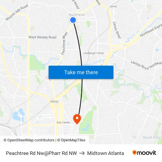 Peachtree Rd Nw@Pharr Rd NW to Midtown Atlanta map