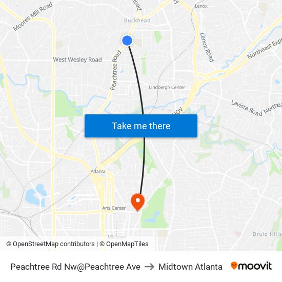 Peachtree Rd Nw@Peachtree Ave to Midtown Atlanta map